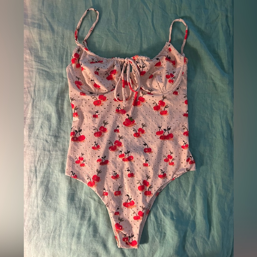 Farm Rio- Cherry Print One-Piece Bodysuit - Red Cherries on Cream